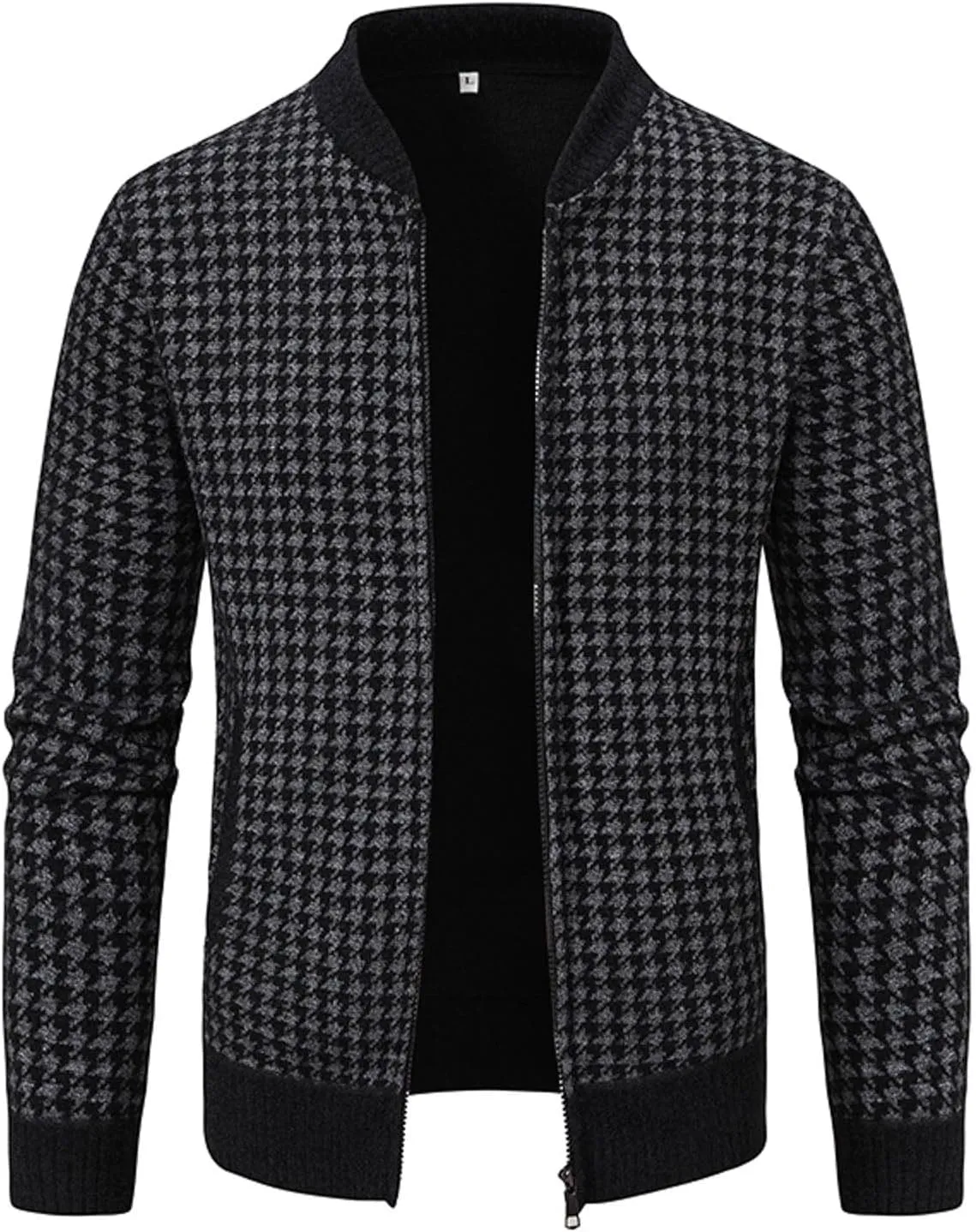 Oversized Knit Sweater for Men Zipper Houndstooth Print Pullover Slim Fit Autumn Fashion Pullover Sweater