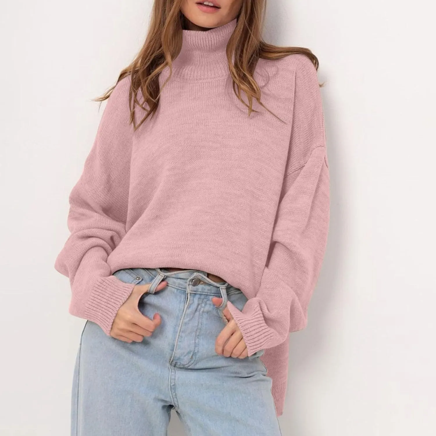Oversized Sweaters for Women Fall Winter Long Sleeve Turtleneck Knit Pullover Solid Color Casual Loose Fit Jumper Tops