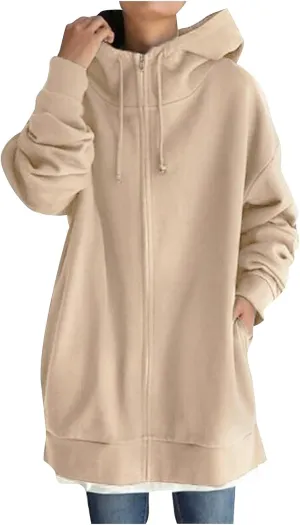 Oversized Zip Up Hoodies for Women Plus Size Long Fleece Jacket Casual Long Sleeve Cute Fall Coat with Pockets