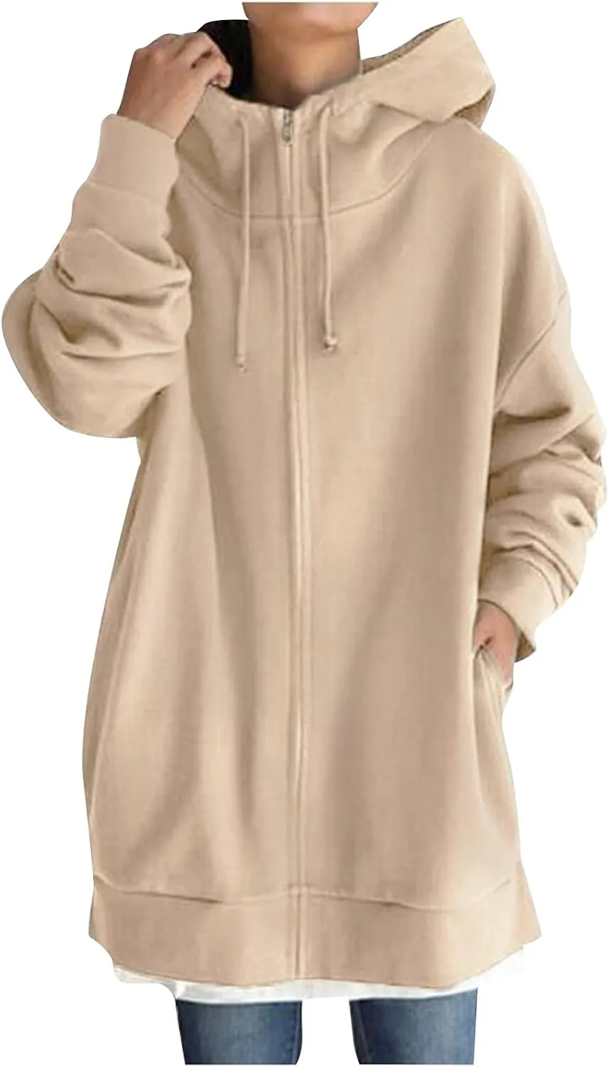 Oversized Zip Up Hoodies for Women Plus Size Long Fleece Jacket Casual Long Sleeve Cute Fall Coat with Pockets