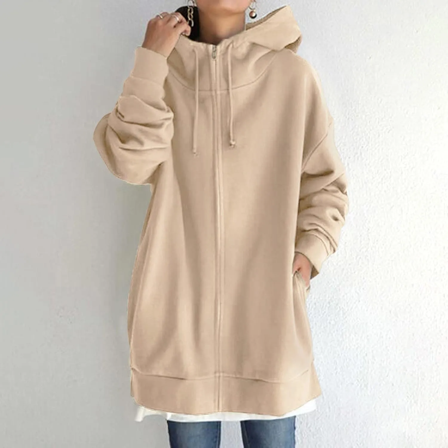 Oversized Zip Up Hoodies for Women Plus Size Long Fleece Jacket Casual Long Sleeve Cute Fall Coat with Pockets
