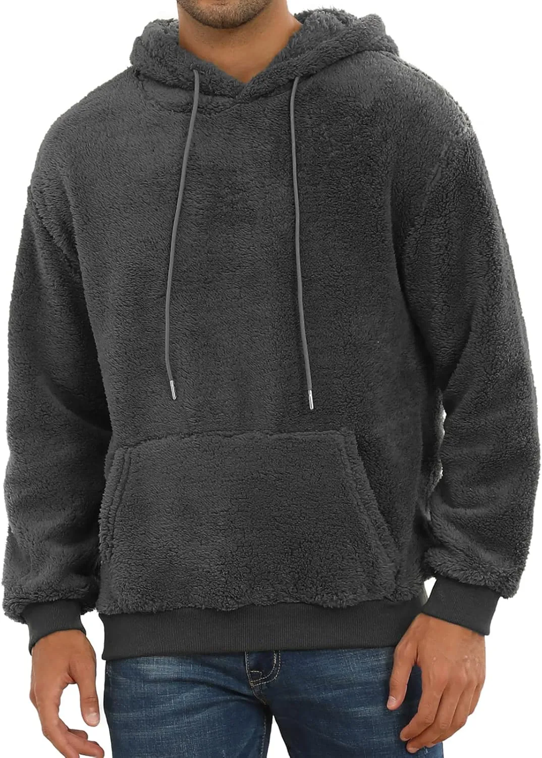 PEGENO Mens Fuzzy Sherpa Hoodie Pullover Sweatshirts Loose Cozy Pocket Long Sleeve Winter Hooded Outwear