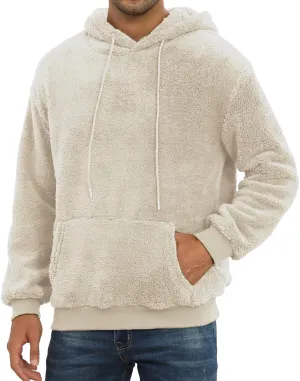 PEGENO Mens Fuzzy Sherpa Hoodie Pullover Sweatshirts Loose Cozy Pocket Long Sleeve Winter Hooded Outwear