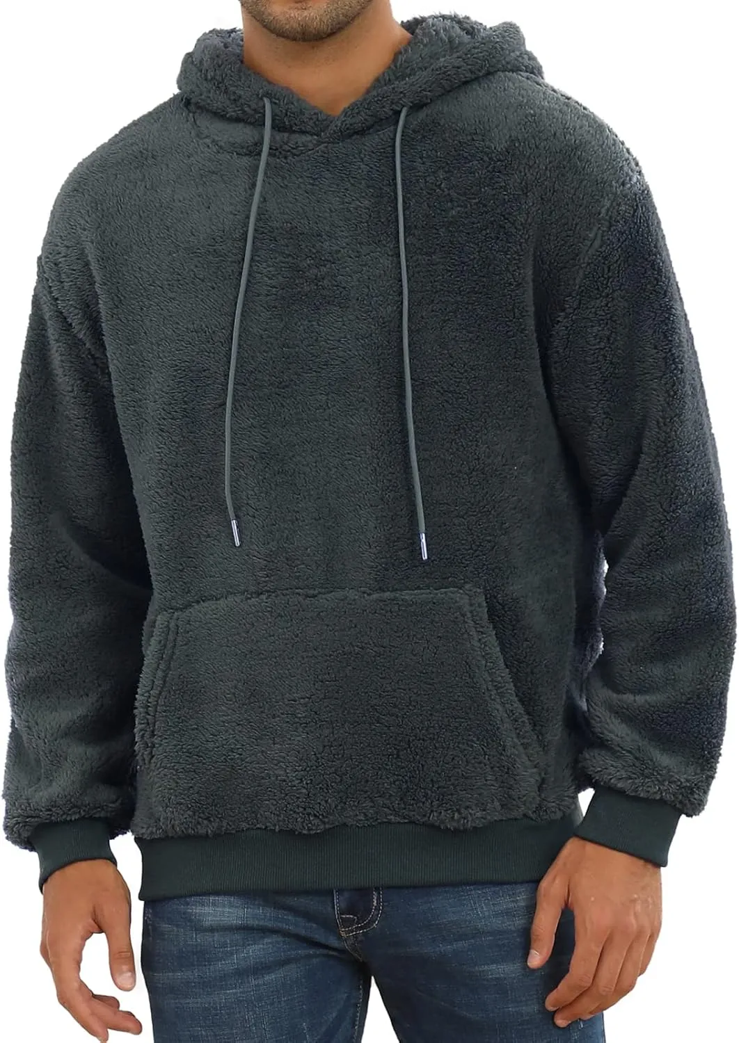 PEGENO Mens Fuzzy Sherpa Hoodie Pullover Sweatshirts Loose Cozy Pocket Long Sleeve Winter Hooded Outwear
