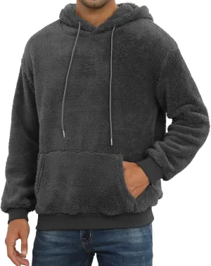PEGENO Mens Fuzzy Sherpa Hoodie Pullover Sweatshirts Loose Cozy Pocket Long Sleeve Winter Hooded Outwear