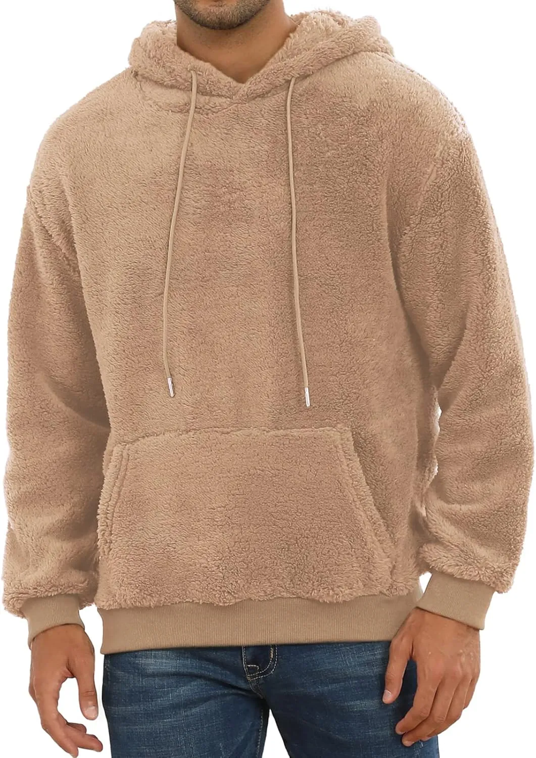 PEGENO Mens Fuzzy Sherpa Hoodie Pullover Sweatshirts Loose Cozy Pocket Long Sleeve Winter Hooded Outwear
