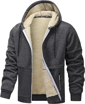 Plush Hooded Jacket Coat for Men Thickened Warm Zipper Drawstring Long Sleeve Coat Casual Soft Jacket with Pockets