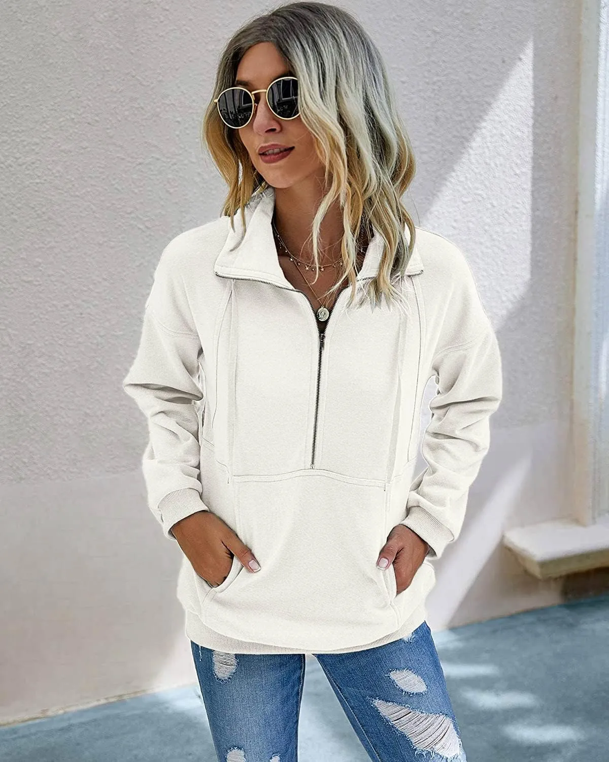 PRETTYGARDEN Women's Casual Long Sleeve Lapel Zipper Sweatshirt Drawstring Loose Pullover Tops