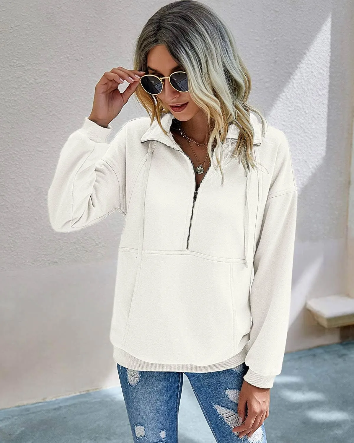 PRETTYGARDEN Women's Casual Long Sleeve Lapel Zipper Sweatshirt Drawstring Loose Pullover Tops