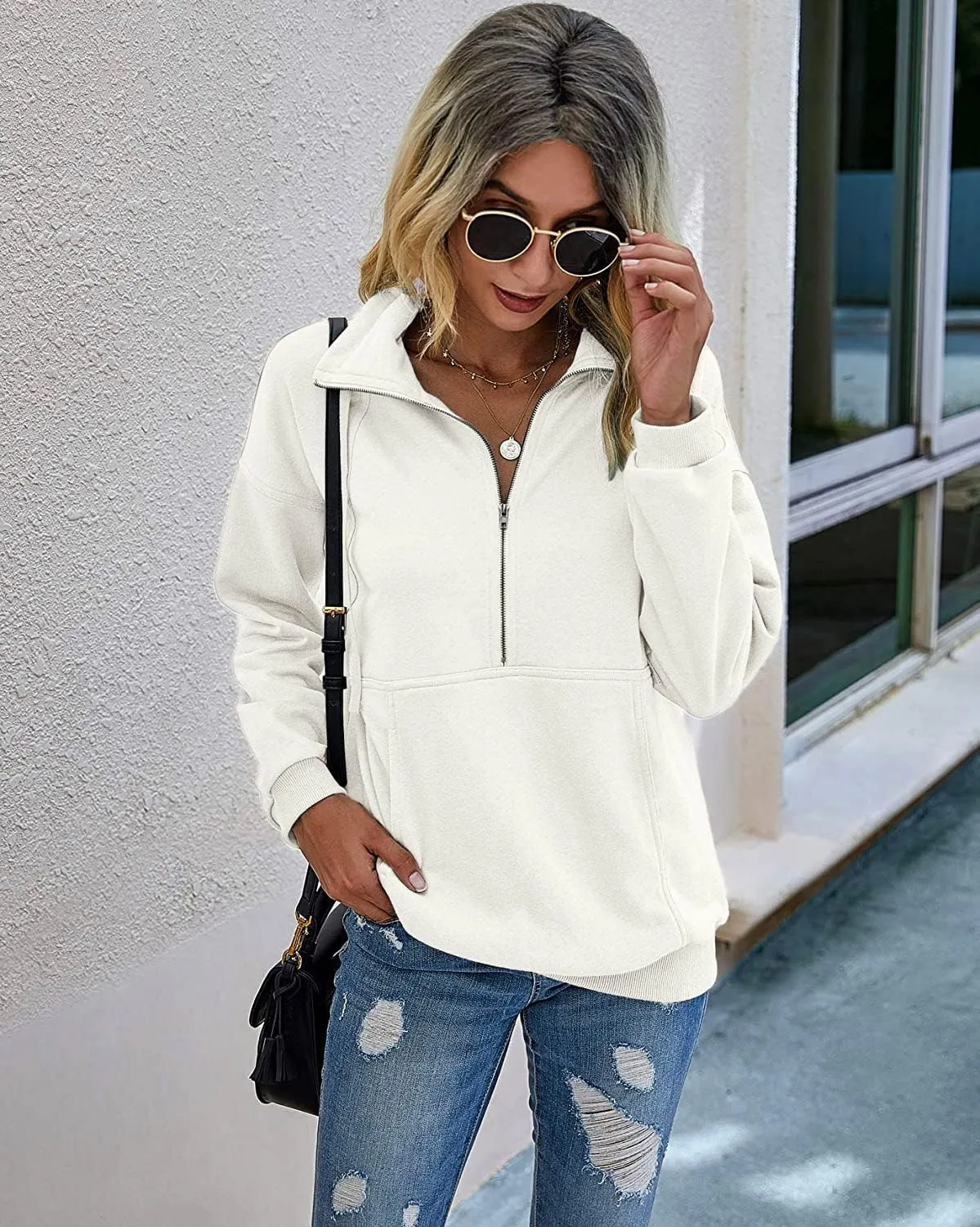 PRETTYGARDEN Women's Casual Long Sleeve Lapel Zipper Sweatshirt Drawstring Loose Pullover Tops