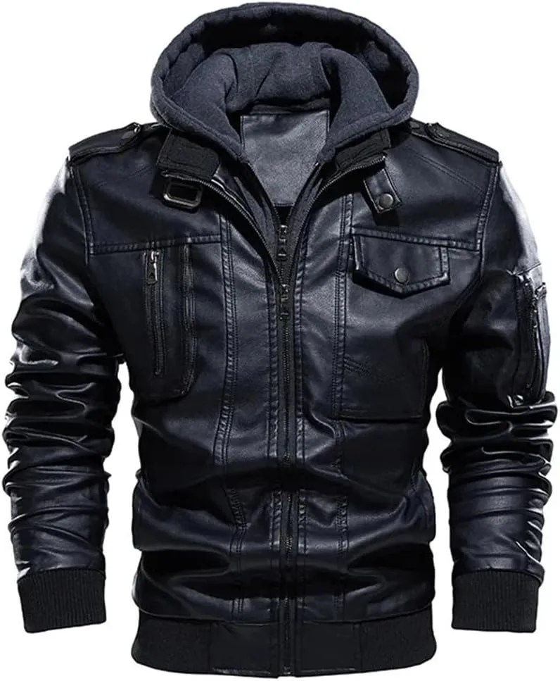 Pulcykp Man Vintage Hooded Collar Leather Coats Winter Thick Warm Motorcycle PU Leather Jackets