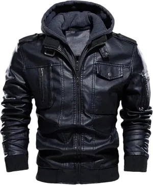 Pulcykp Man Vintage Hooded Collar Leather Coats Winter Thick Warm Motorcycle PU Leather Jackets