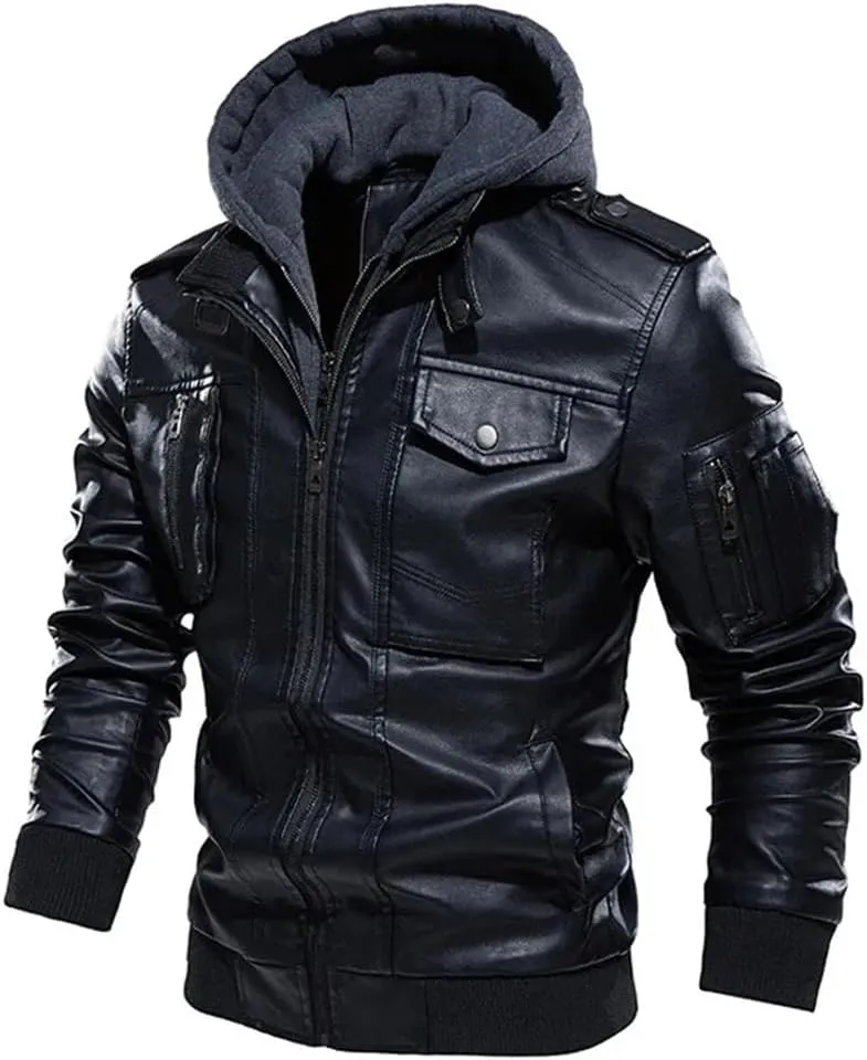 Pulcykp Man Vintage Hooded Collar Leather Coats Winter Thick Warm Motorcycle PU Leather Jackets