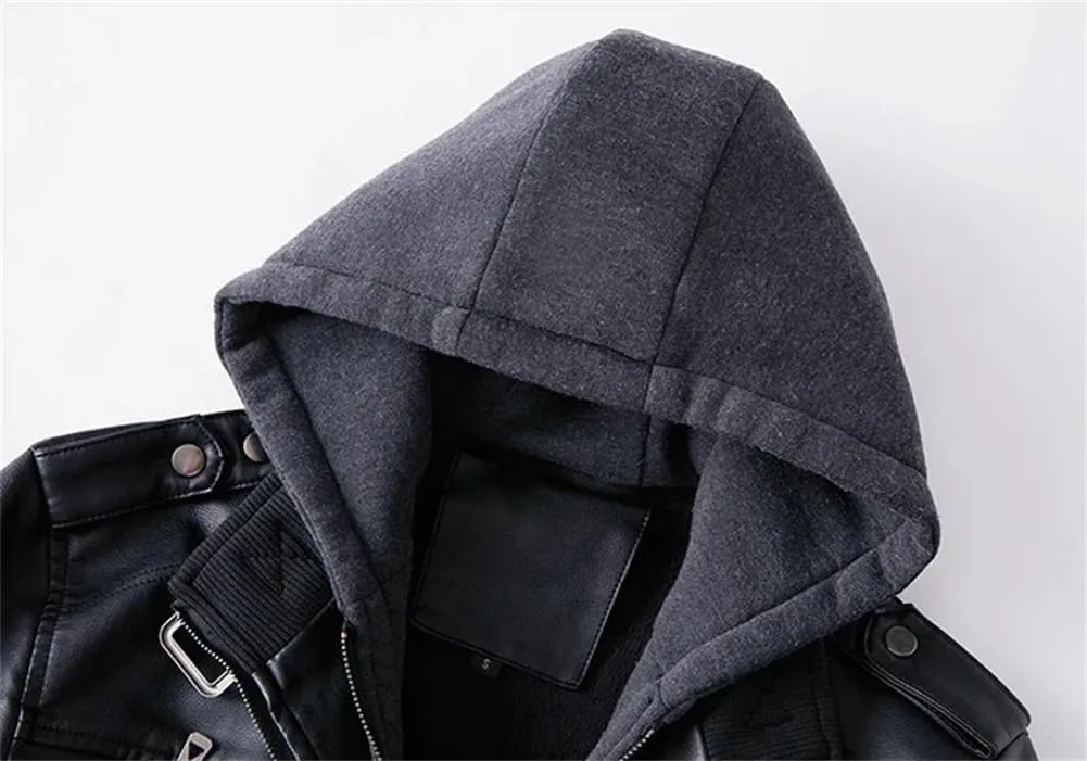 Pulcykp Man Vintage Hooded Collar Leather Coats Winter Thick Warm Motorcycle PU Leather Jackets