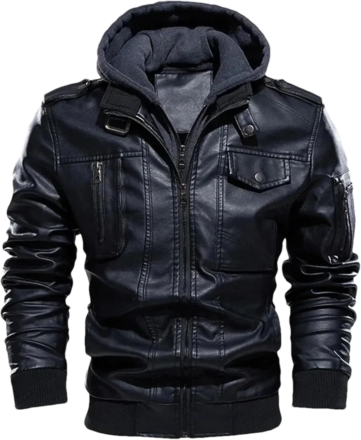 Pulcykp Man Vintage Hooded Collar Leather Coats Winter Thick Warm Motorcycle PU Leather Jackets