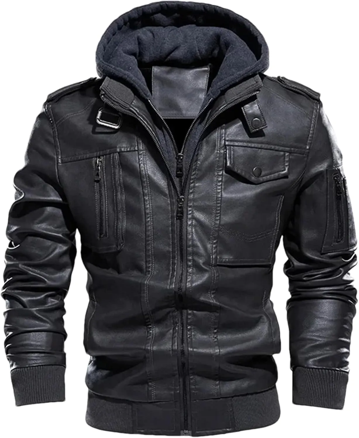 Pulcykp Man Vintage Hooded Collar Leather Coats Winter Thick Warm Motorcycle PU Leather Jackets