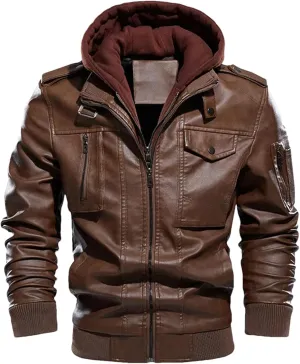 Pulcykp Man Vintage Hooded Collar Leather Coats Winter Thick Warm Motorcycle PU Leather Jackets