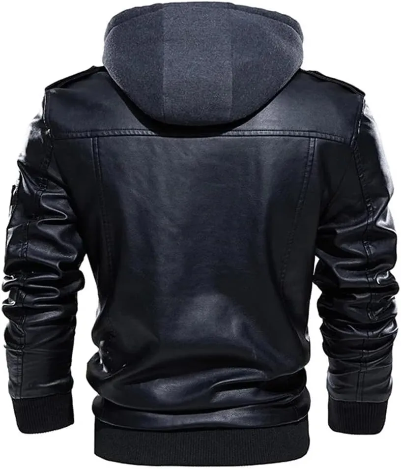 Pulcykp Man Vintage Hooded Collar Leather Coats Winter Thick Warm Motorcycle PU Leather Jackets