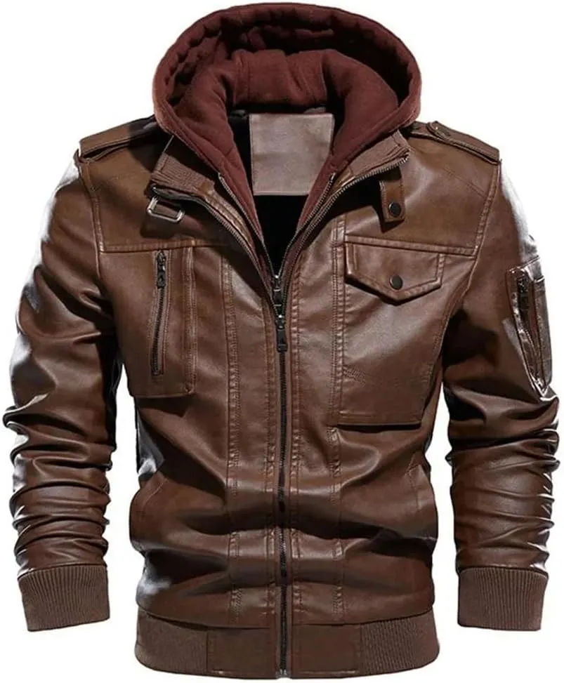Pulcykp Man Vintage Hooded Collar Leather Coats Winter Thick Warm Motorcycle PU Leather Jackets