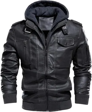 Pulcykp Man Vintage Hooded Collar Leather Coats Winter Thick Warm Motorcycle PU Leather Jackets