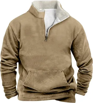 Quarter Zip Pullover Men Sherpa Fleece Western Sweaters Sweatshirts Long Sleeve Vintage Work Henley Pullovers