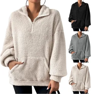 Quarter Zip Pullover Women Fuzzy Fleece Half Zip Pullover Sweatshirts Cozy Fluffy Sherpa Lined Hoodie with Pockets