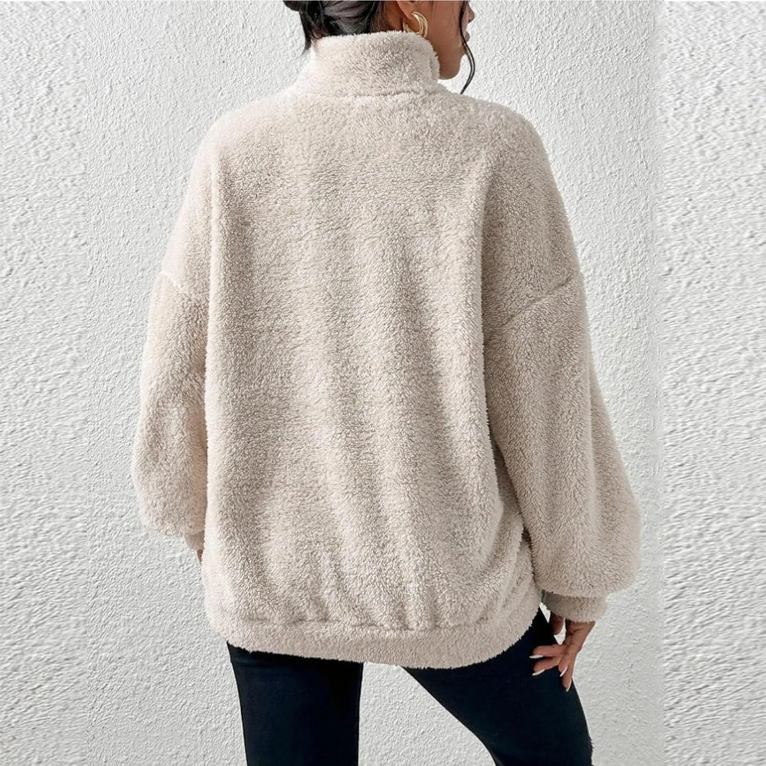 Quarter Zip Pullover Women Fuzzy Fleece Half Zip Pullover Sweatshirts Cozy Fluffy Sherpa Lined Hoodie with Pockets