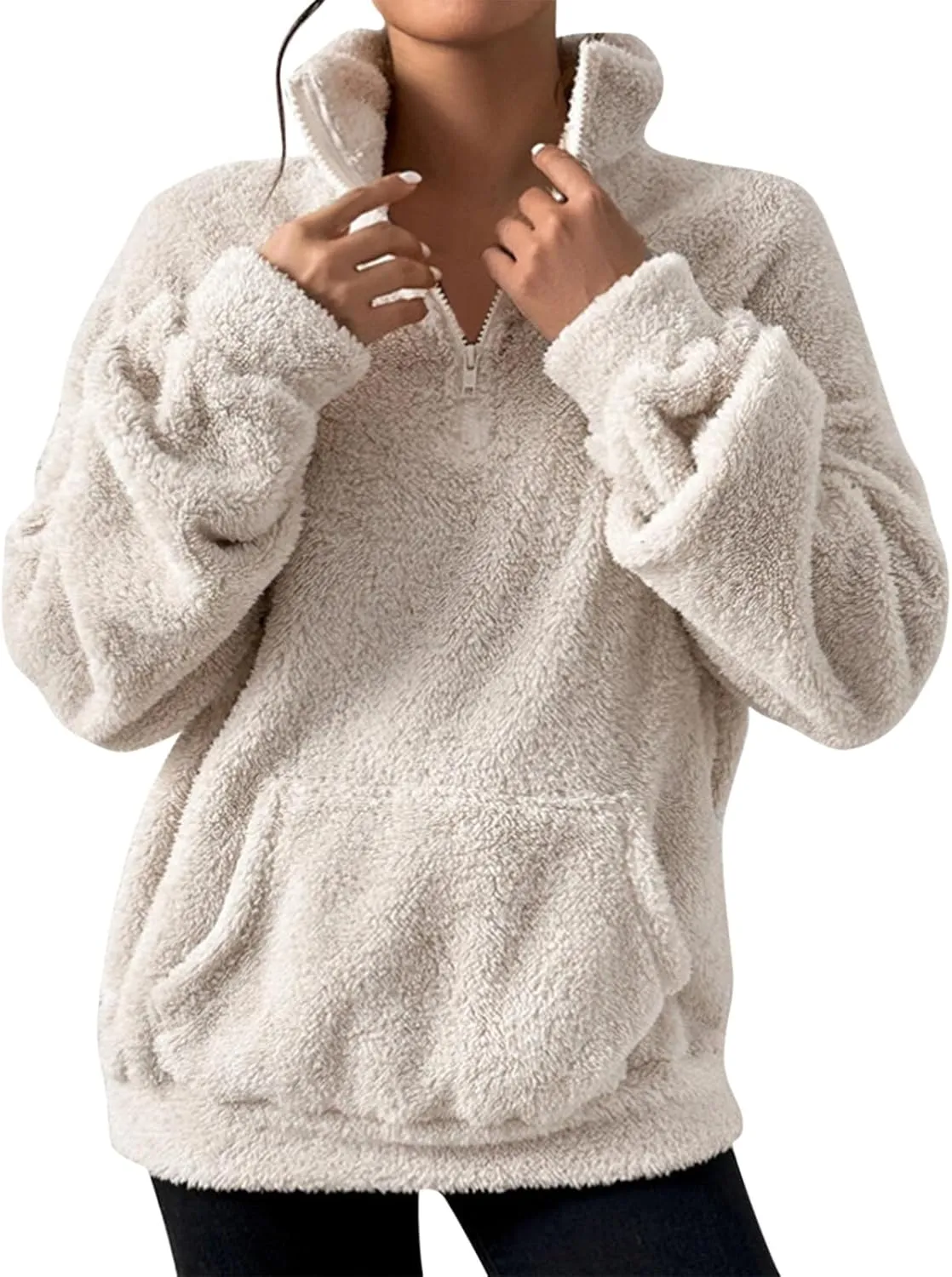 Quarter Zip Pullover Women Fuzzy Fleece Half Zip Pullover Sweatshirts Cozy Fluffy Sherpa Lined Hoodie with Pockets