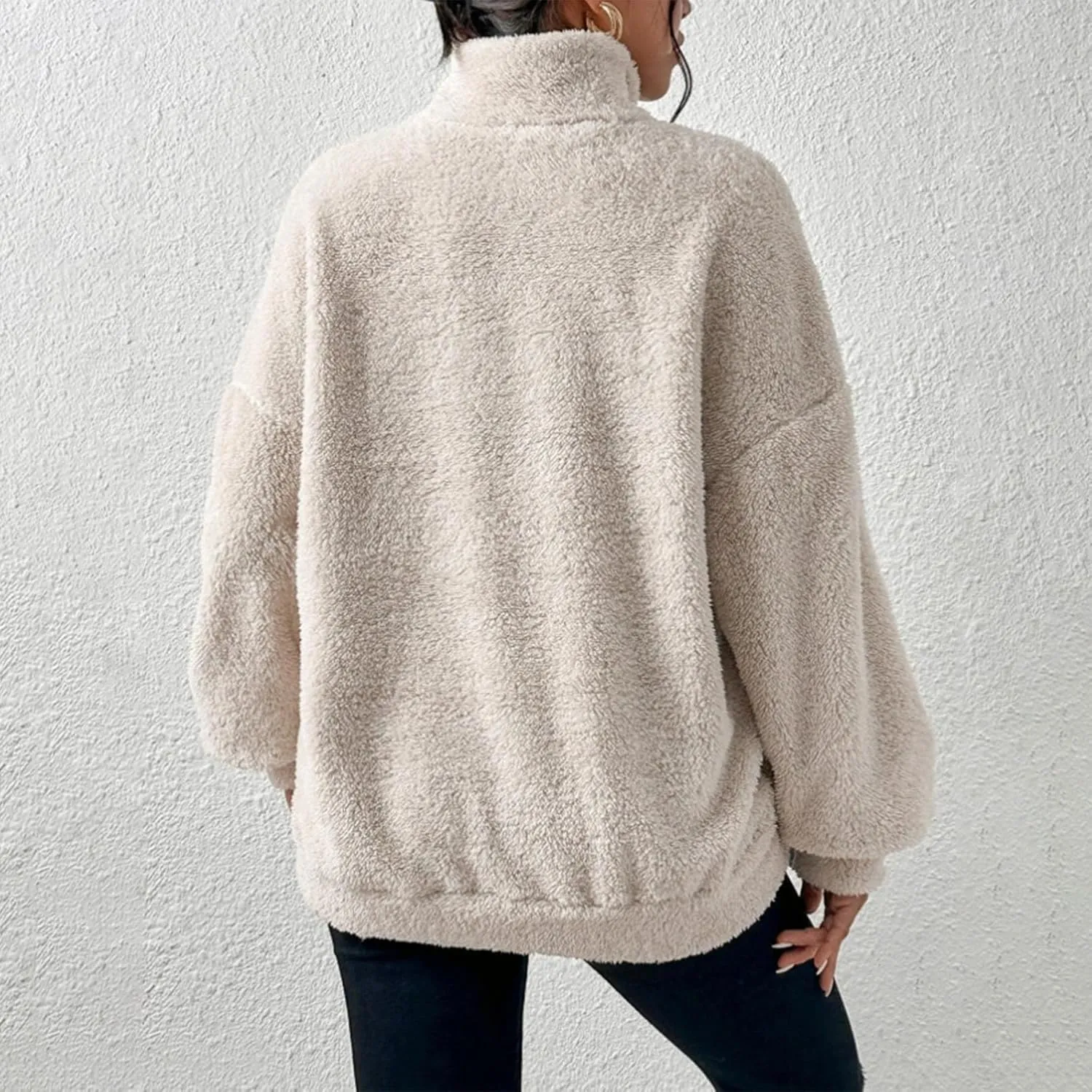 Quarter Zip Pullover Women Fuzzy Fleece Half Zip Pullover Sweatshirts Cozy Fluffy Sherpa Lined Hoodie with Pockets