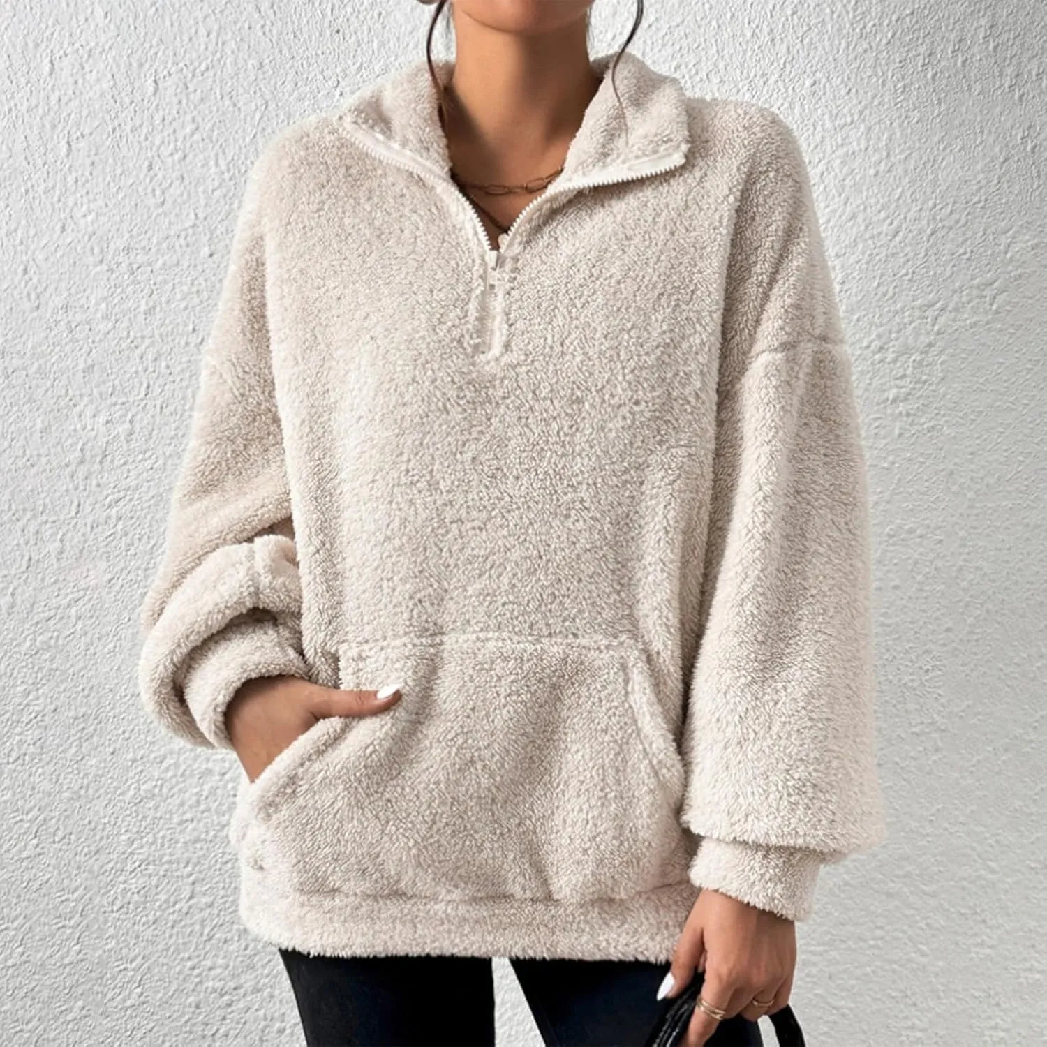 Quarter Zip Pullover Women Fuzzy Fleece Half Zip Pullover Sweatshirts Cozy Fluffy Sherpa Lined Hoodie with Pockets