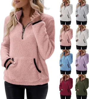 Quarter Zip Pullover Women Sherpa Fleece Hoodie Cropped Half Zip Sweatshirt Cozy Soft Fluffy Sweaters with Pocket