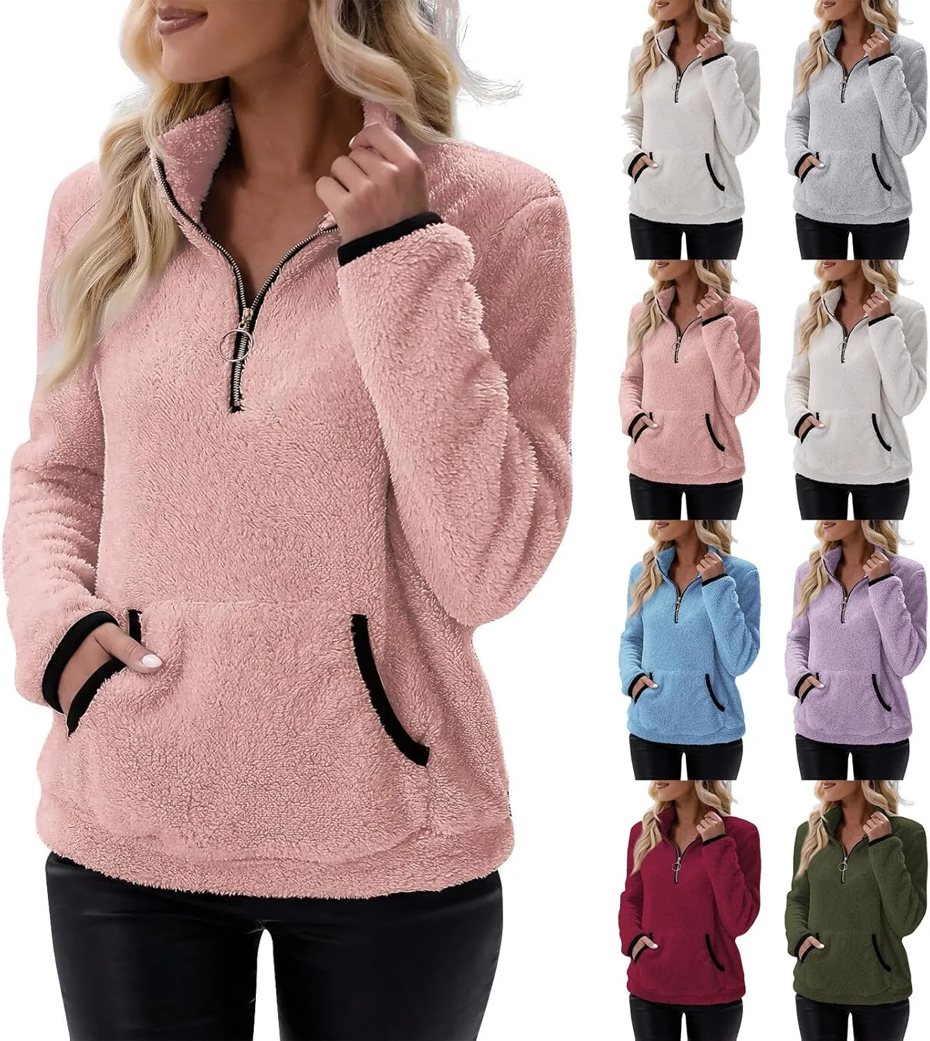 Quarter Zip Pullover Women Sherpa Fleece Hoodie Cropped Half Zip Sweatshirt Cozy Soft Fluffy Sweaters with Pocket