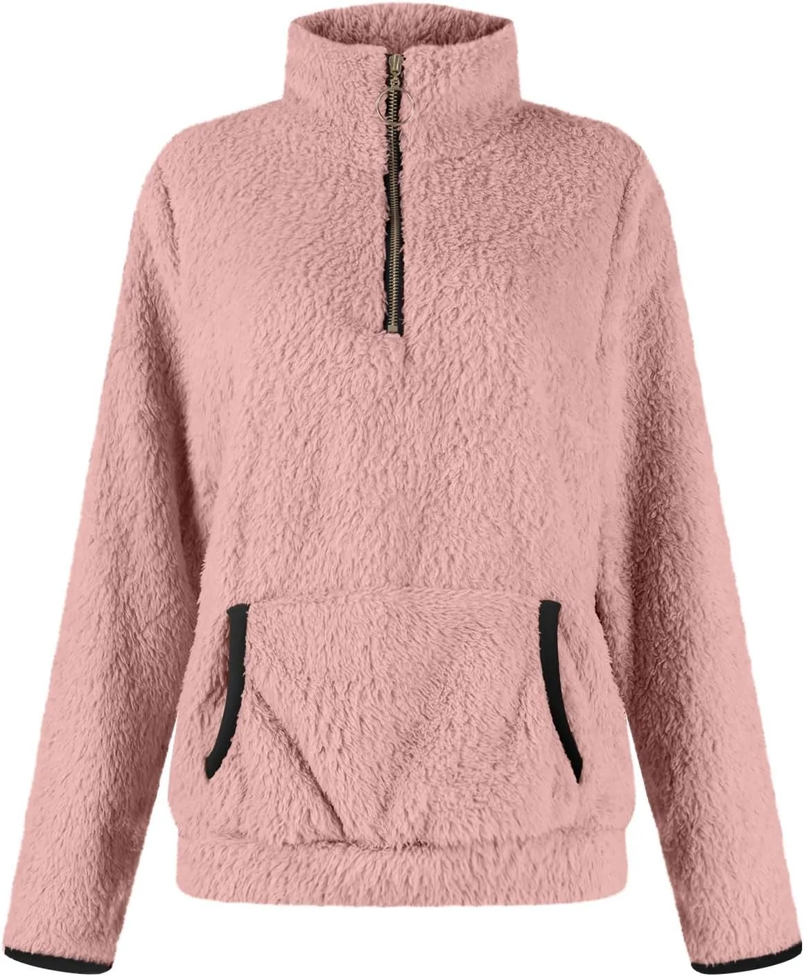Quarter Zip Pullover Women Sherpa Fleece Hoodie Cropped Half Zip Sweatshirt Cozy Soft Fluffy Sweaters with Pocket