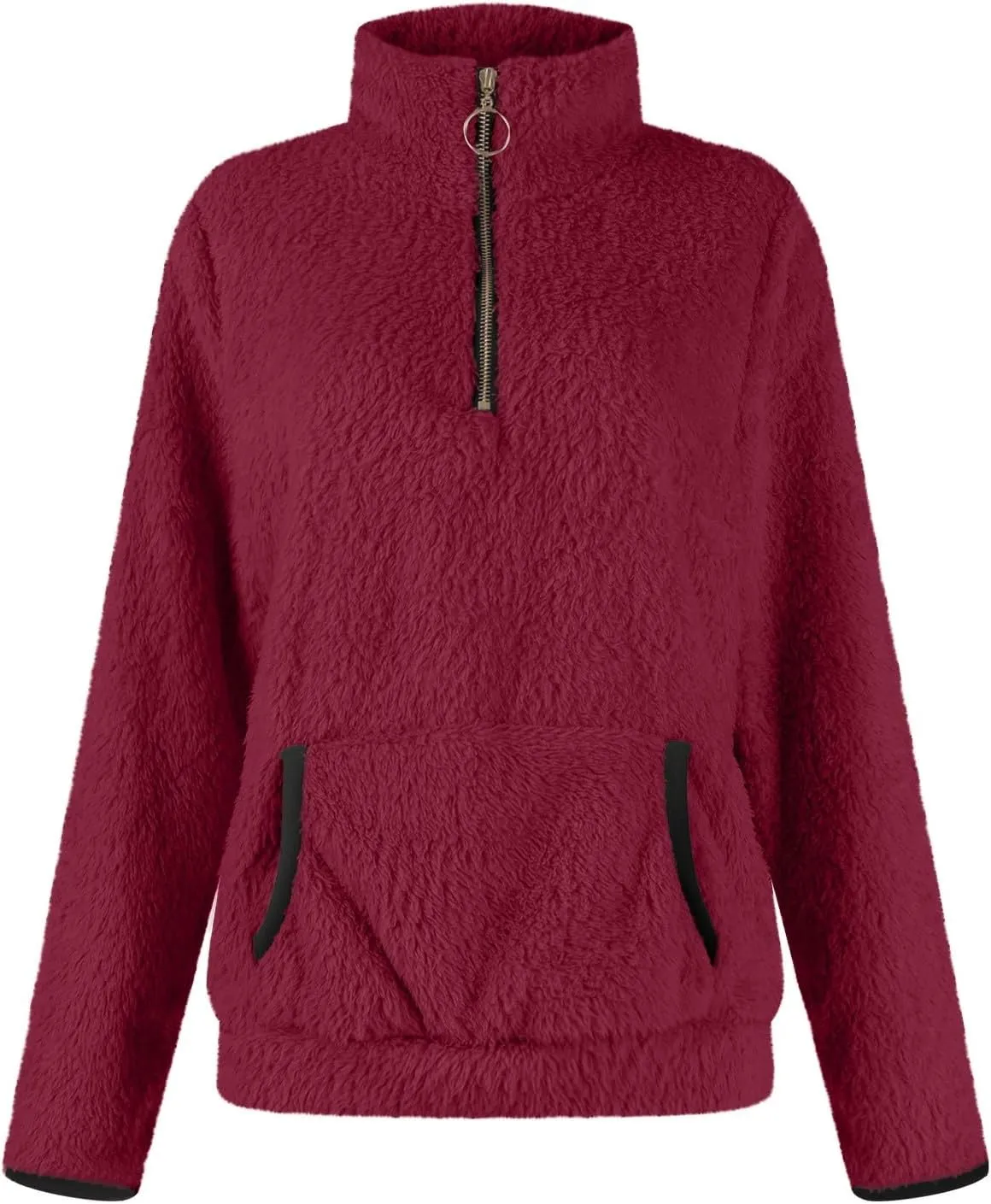 Quarter Zip Pullover Women Sherpa Fleece Hoodie Cropped Half Zip Sweatshirt Cozy Soft Fluffy Sweaters with Pocket