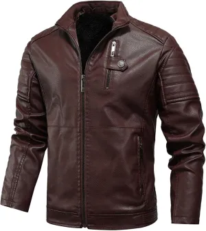QWENTMTNTY Leather Jacket Men Winter Sherpa Shearling Faux Leather Motorcycle Bomber Jackets Zipper Warm Jacket with Pockets