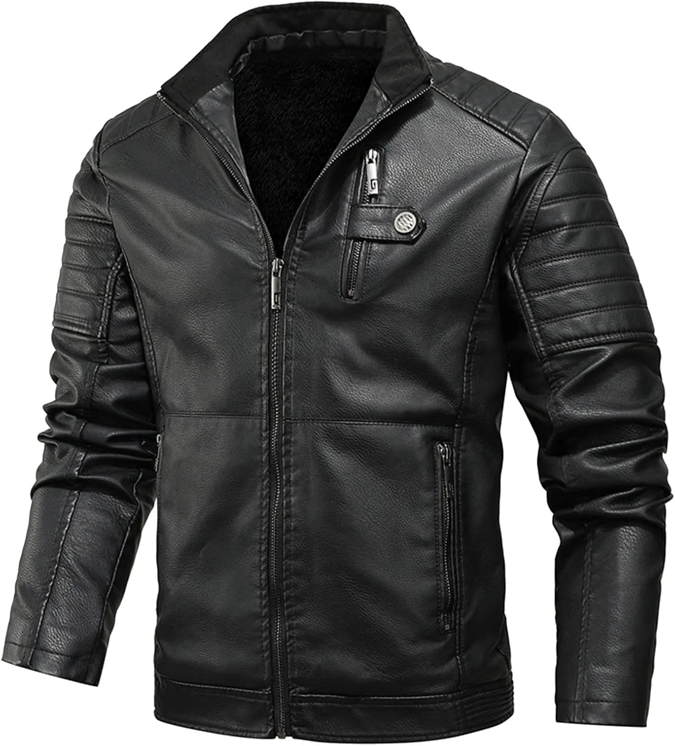 QWENTMTNTY Leather Jacket Men Winter Sherpa Shearling Faux Leather Motorcycle Bomber Jackets Zipper Warm Jacket with Pockets