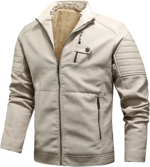 QWENTMTNTY Leather Jacket Men Winter Sherpa Shearling Faux Leather Motorcycle Bomber Jackets Zipper Warm Jacket with Pockets