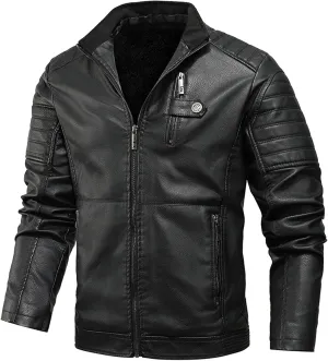 QWENTMTNTY Leather Jacket Men Winter Sherpa Shearling Faux Leather Motorcycle Bomber Jackets Zipper Warm Jacket with Pockets