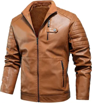 QWENTMTNTY Leather Jacket Men Winter Sherpa Shearling Faux Leather Motorcycle Bomber Jackets Zipper Warm Jacket with Pockets