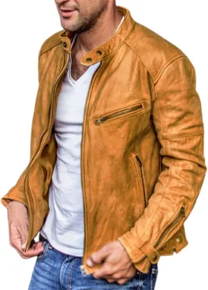 QWENTMTNTY Men Vintage Faux Leather Jacket Retro Fashion Zipper Leather Motorcycle Jacket Regular Fit Racer Coat Outerwear