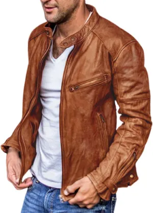 QWENTMTNTY Men Vintage Faux Leather Jacket Retro Fashion Zipper Leather Motorcycle Jacket Regular Fit Racer Coat Outerwear