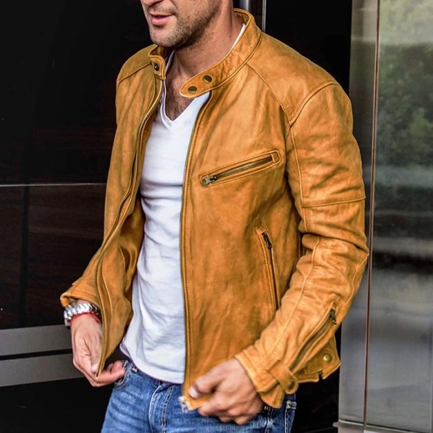 QWENTMTNTY Men Vintage Faux Leather Jacket Retro Fashion Zipper Leather Motorcycle Jacket Regular Fit Racer Coat Outerwear
