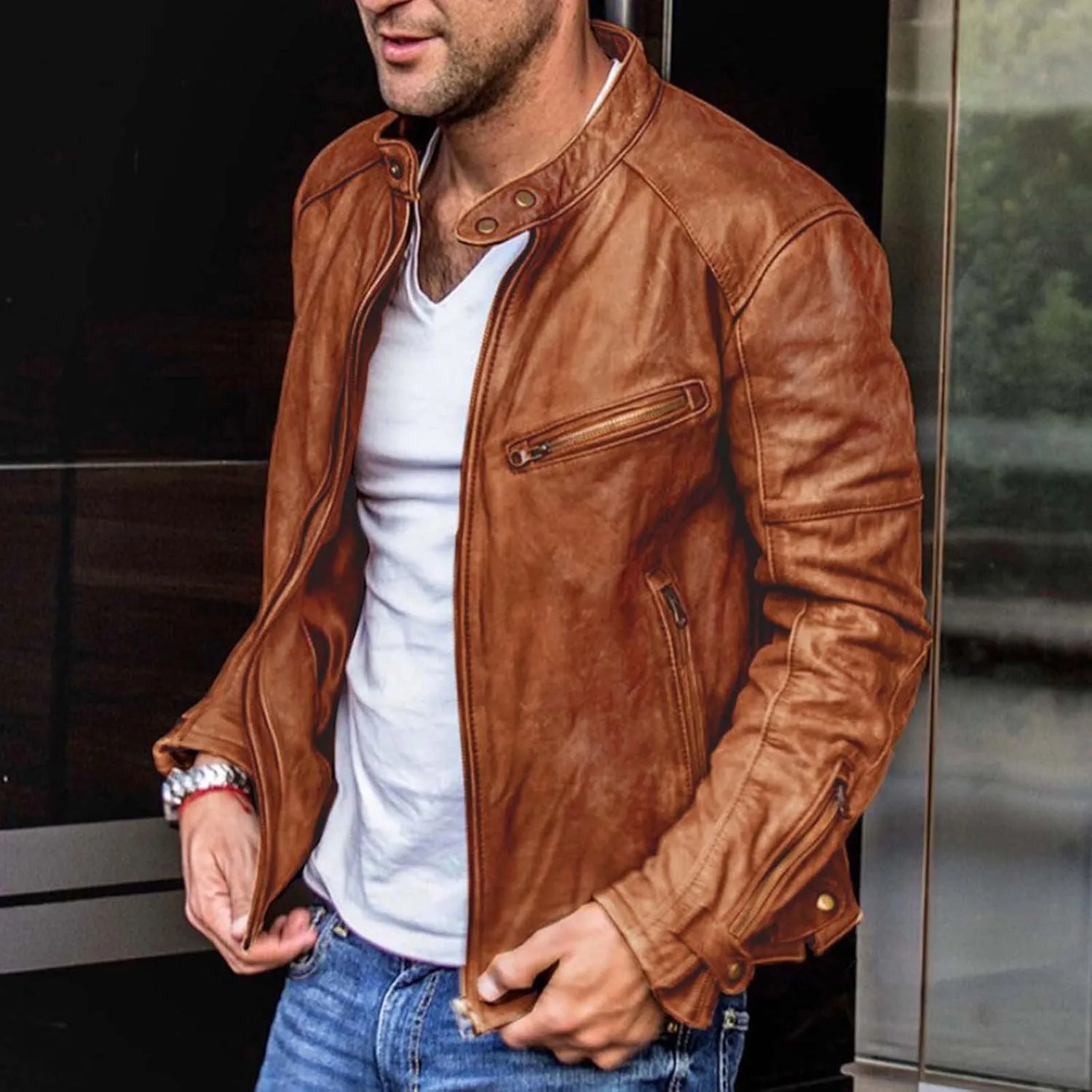 QWENTMTNTY Men Vintage Faux Leather Jacket Retro Fashion Zipper Leather Motorcycle Jacket Regular Fit Racer Coat Outerwear
