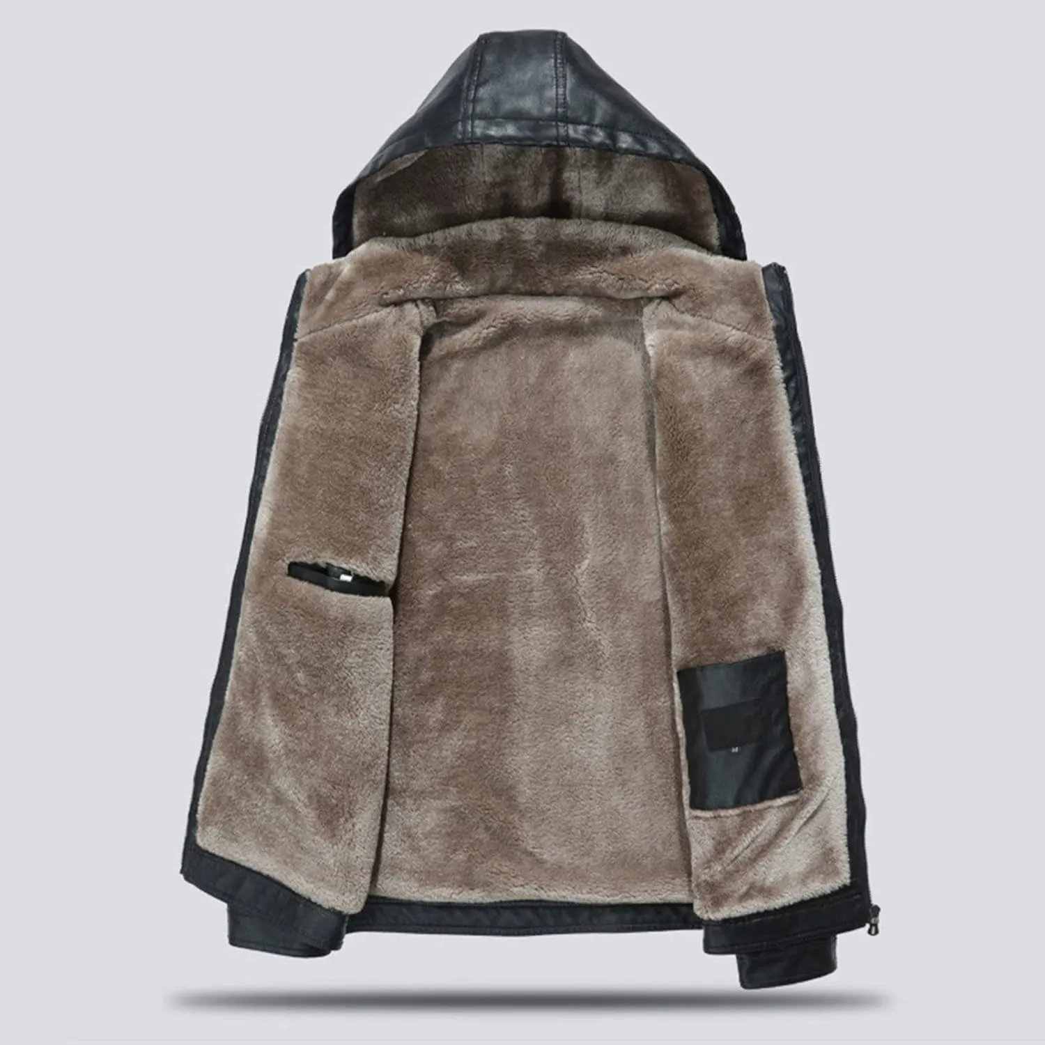 QWENTMTNTY Mens Faux Fur Leather Jacket Thicken Warm Winter Coat with Detachable Hood Faux Shearling Leather Jacket Overcoat