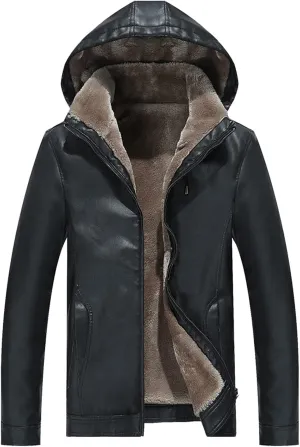 QWENTMTNTY Mens Faux Fur Leather Jacket Thicken Warm Winter Coat with Detachable Hood Faux Shearling Leather Jacket Overcoat