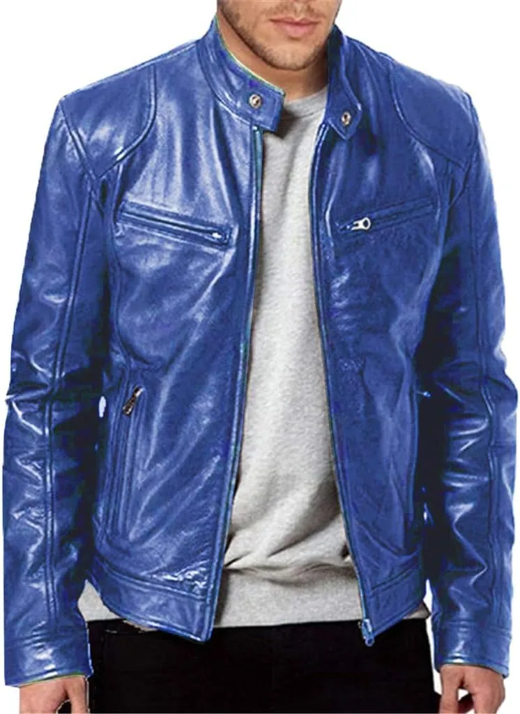 QWENTMTNTY Mens Faux Lambskin Leather Jacket Fashion Casual Pu Leather Motorcycle Jacket Zipper Moto Riding Biker Outerwear