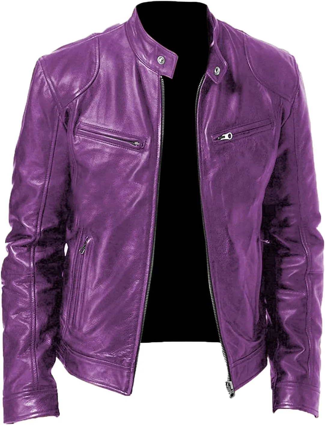 QWENTMTNTY Mens Faux Lambskin Leather Jacket Fashion Casual Pu Leather Motorcycle Jacket Zipper Moto Riding Biker Outerwear