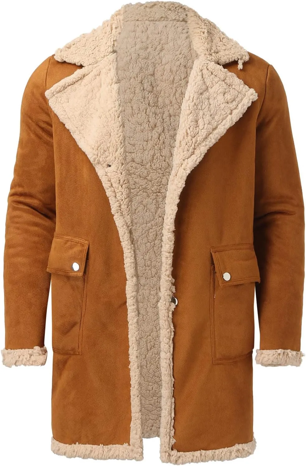 QWENTMTNTY Mens Faux Suede Sherpa Jacket Long Casual Winter Trench Coat Big and Tall Fur Collar Faux Shearling Thermal Coats