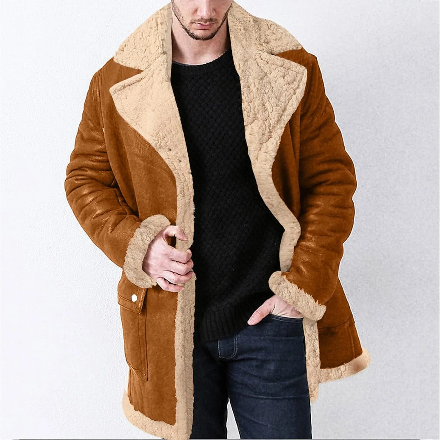 QWENTMTNTY Mens Faux Suede Sherpa Jacket Long Casual Winter Trench Coat Big and Tall Fur Collar Faux Shearling Thermal Coats