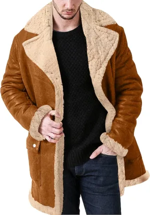 QWENTMTNTY Mens Faux Suede Sherpa Jacket Long Casual Winter Trench Coat Big and Tall Fur Collar Faux Shearling Thermal Coats